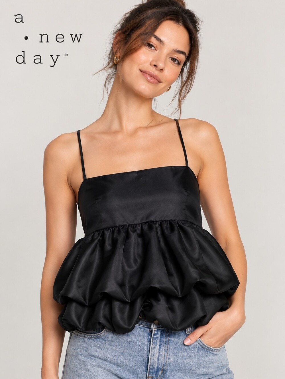 A New Day Black Satin Bubble Hem Spaghetti Strap Top XS